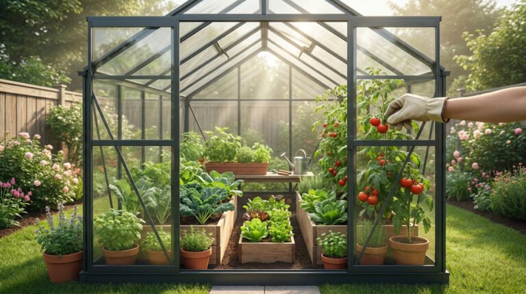 A person in a work glove picking a ripe tomato inside a modern glass greenhouse filled with various vegetables.